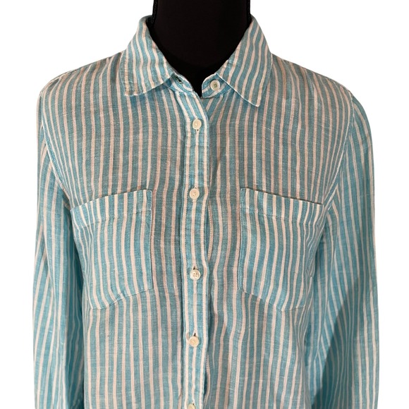 Talbots Womens Small Linen Button Down Shirt Striped Turquoise White Long Sleeve - Picture 2 of 7